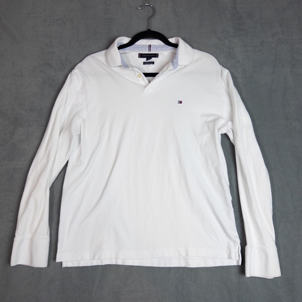 Tommy Hilfiger Polo Shirt Mens Large White Good Long Sleeve Regular Fit Stretch
